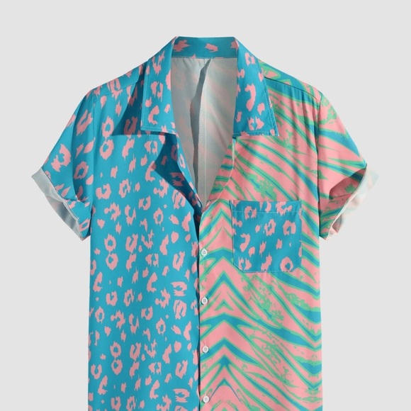 Blue and Pink Casual Button Down Shirt with Vibrant Patterns - Picture 1 of 6